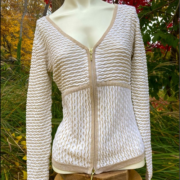 Caché gold & white silk blend zip-up long sleeve top sweater lightweight sz LG - Picture 1 of 11